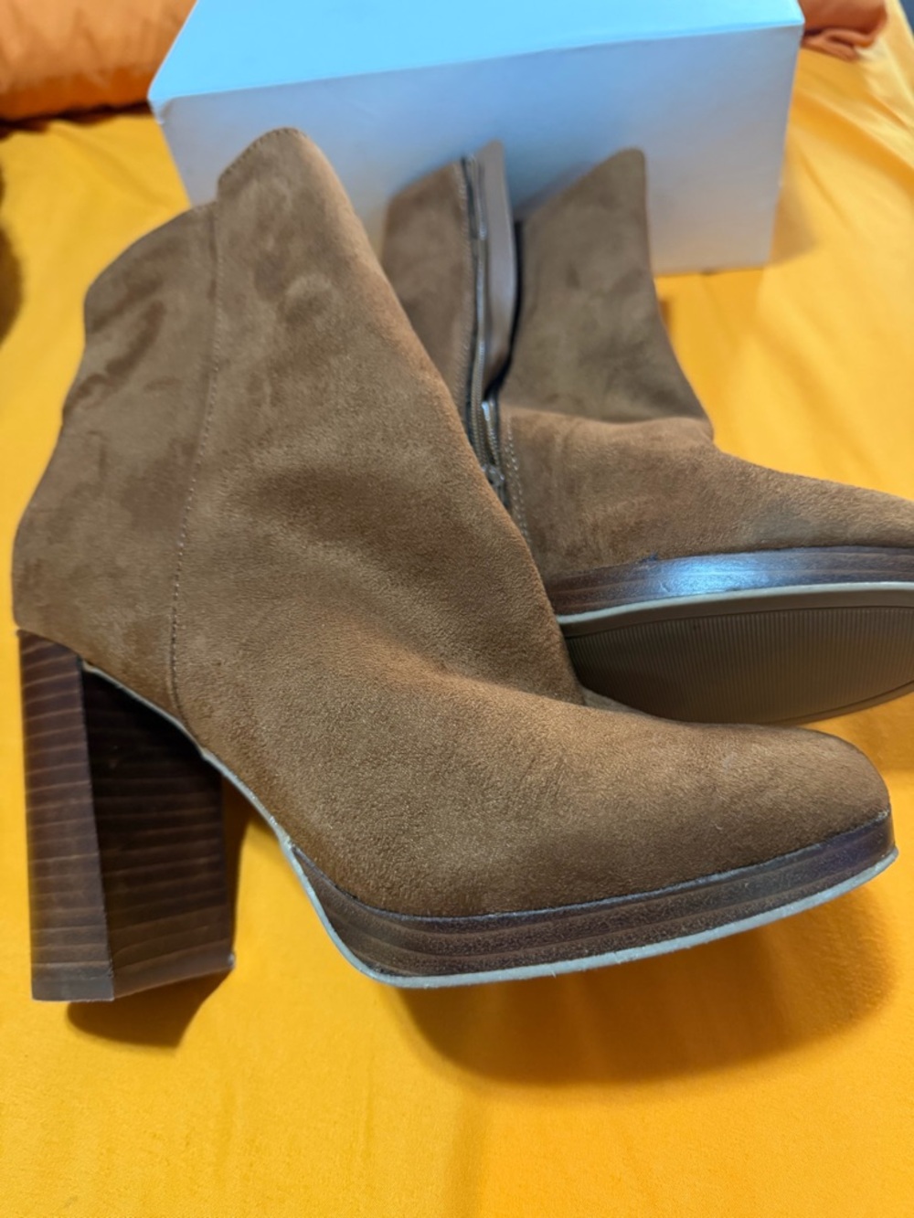 Suede Block Heel Ankle Boots - Brown